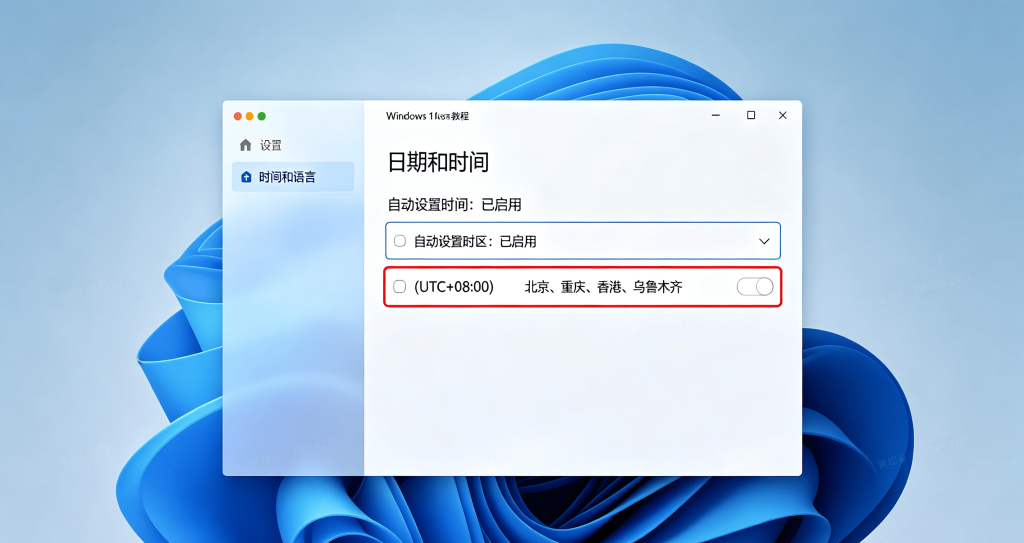 Windows 设置 - 时间和语言 - 日期和时间界面，自动设置时间、自动设置时区开关开启，时区显示北京时区