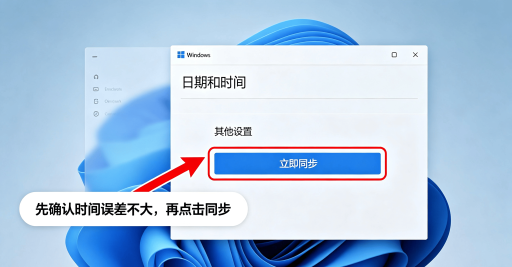 日期时间设置页面下方，立即同步按钮被红框标出