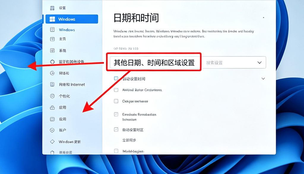 日期时间设置页面底部，红框标注其他日期、时间和区域设置文字链接