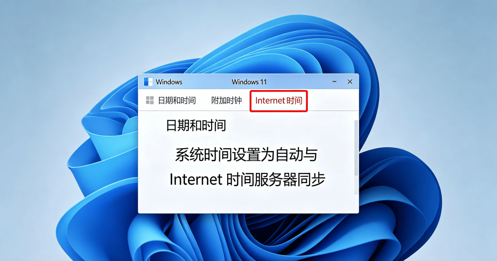 控制面板日期和时间窗口，顶部标签选中 Internet 时间选项卡