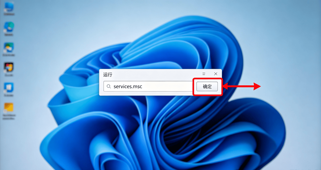 Win+R 弹出的运行对话框，输入框内填写 services.msc，确定按钮可见