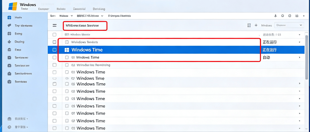 Windows 服务管理器列表，红框定位 Windows Time 服务项