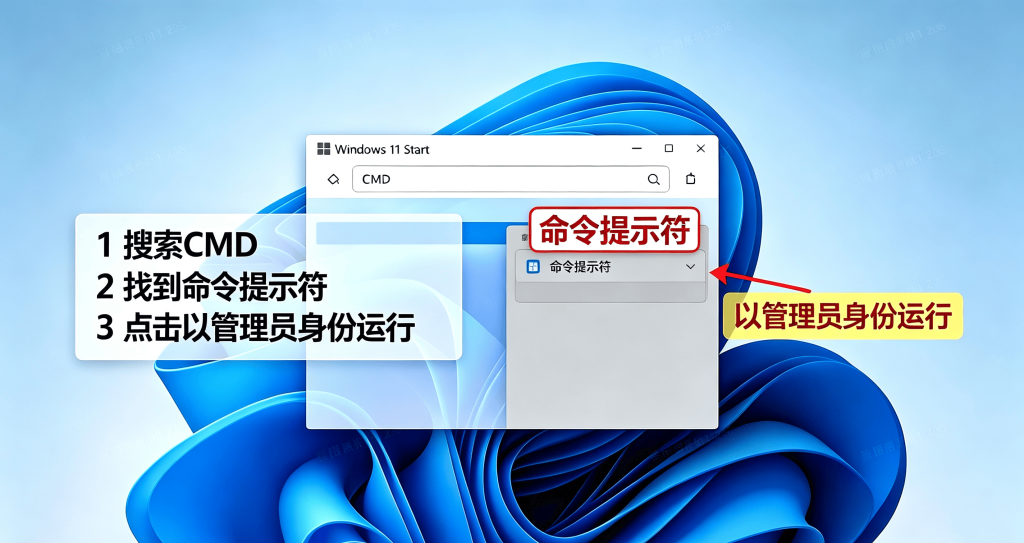 开始菜单搜索 CMD，命令提示符选项右键菜单，高亮以管理员身份运行