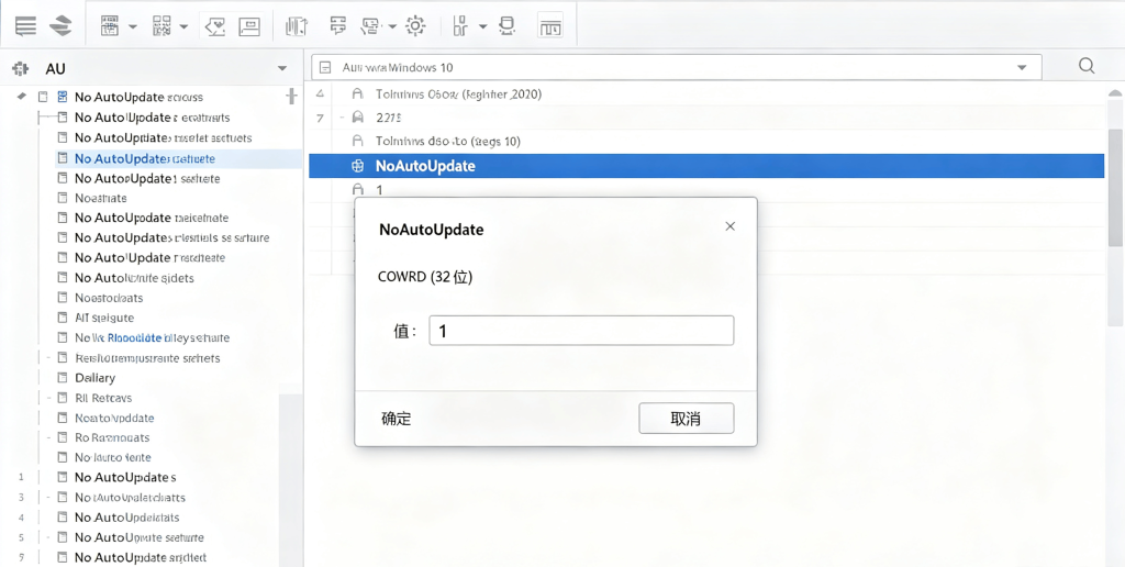 Windows 10 注册表 AU 项，新建 NoAutoUpdate DWORD 值，数值设为 1