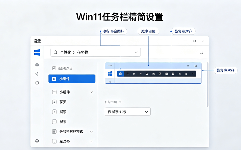 Win11 任务栏个性化设置页面，关闭小组件、聊天，调整搜索和任务栏对齐方式