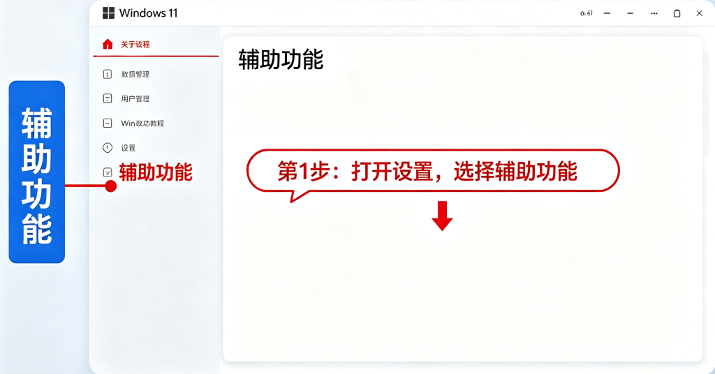 Win11 设置界面，左侧选择辅助功能