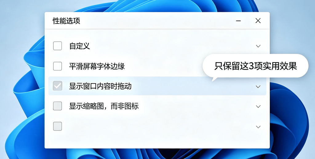 性能选项窗口，自定义视觉效果，只保留三项实用效果