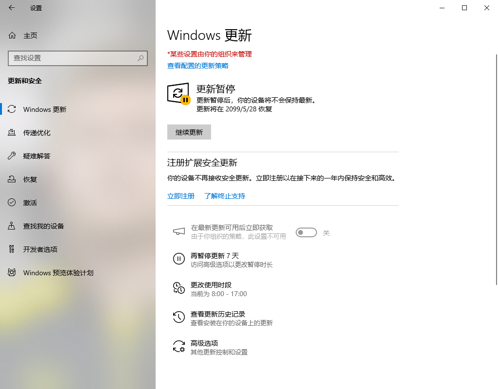 Windows10 设置页面，Windows 更新选项
