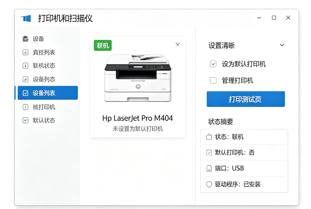 电脑打印机设置界面,检查联机状态和默认设置
