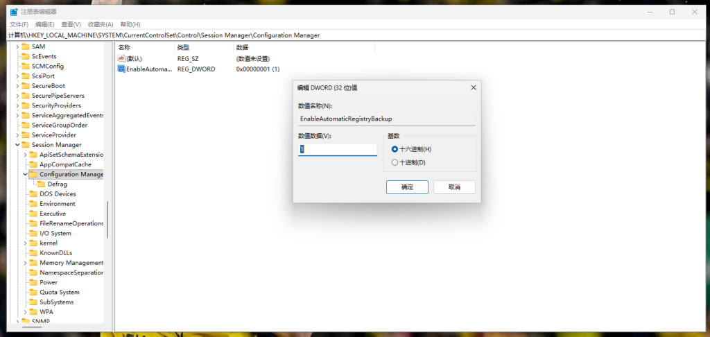 系统自动注册表备份注册表项，新建DWORD值开启自动备份