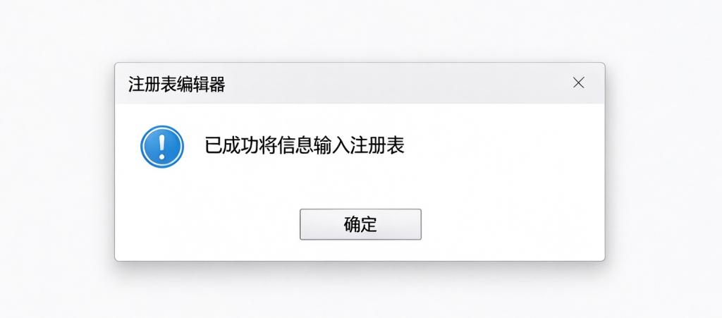 注册表导入成功提示窗口，信息已经成功输入注册表