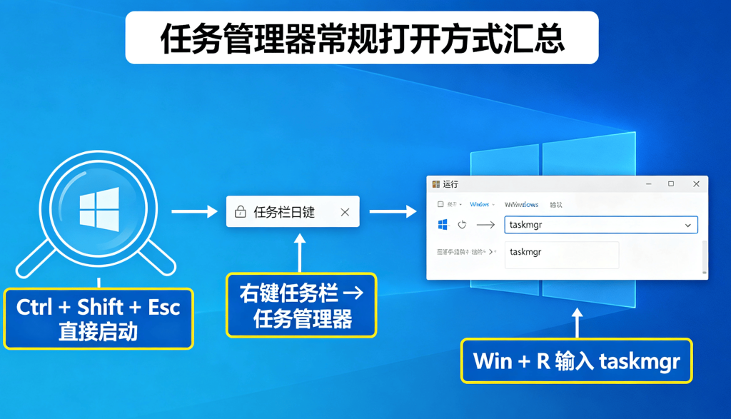 Windows任务管理器三种打开操作方式演示界面