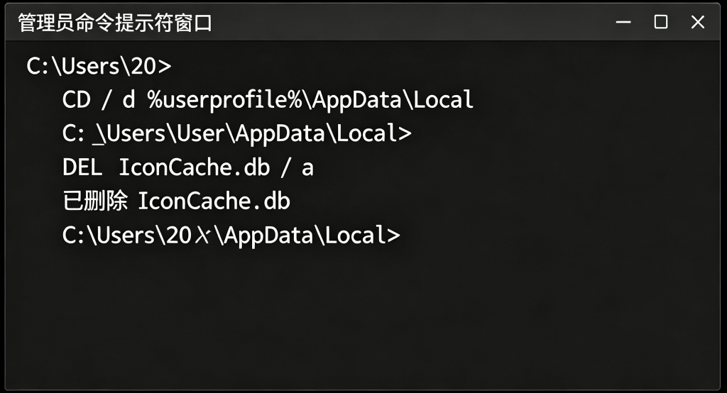 管理员CMD删除IconCache.db重建图标缓存