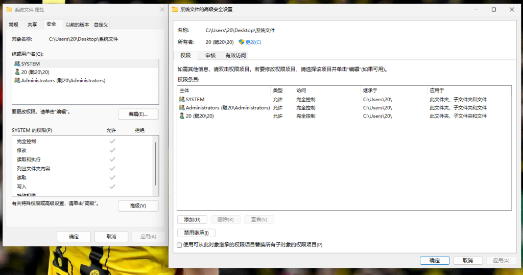 Win11 文件夹属性安全页面，点击高级安全设置