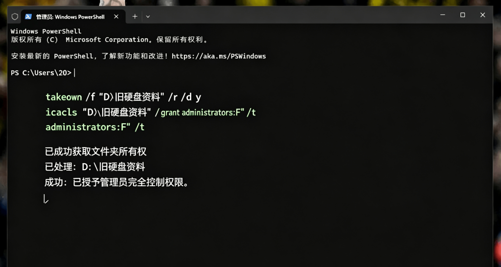 管理员 PowerShell 输入 takeown 接管文件夹权限命令