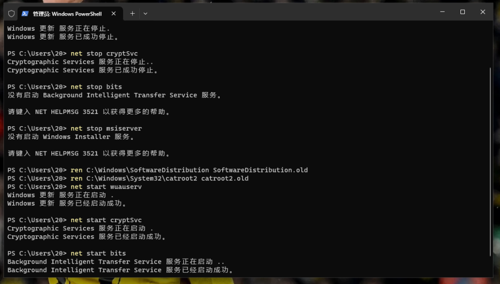 CMD粘贴执行Windows更新缓存重置代码