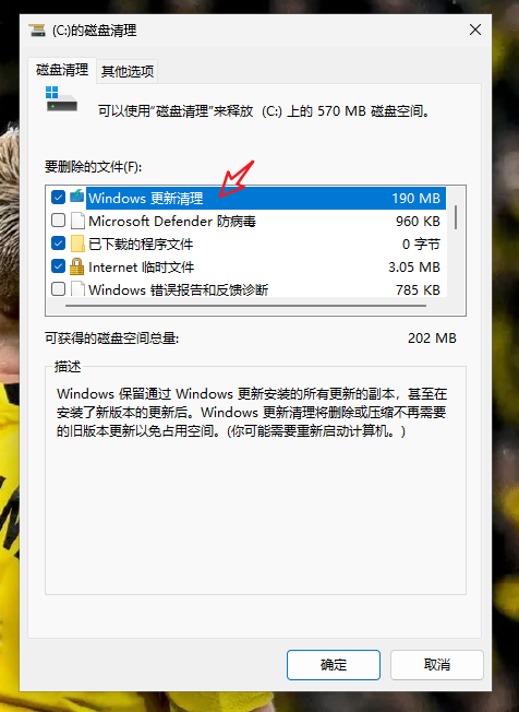 磁盘清理中勾选 Windows 更新清理和临时文件