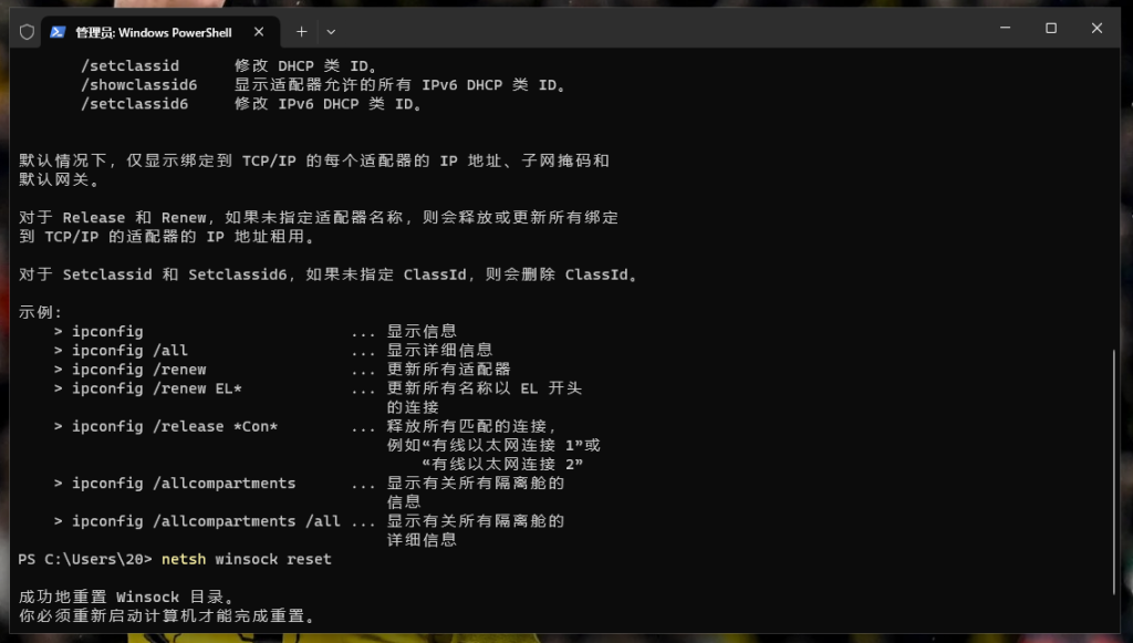 命令提示符执行ipconfig /flushdns和netsh winsock reset