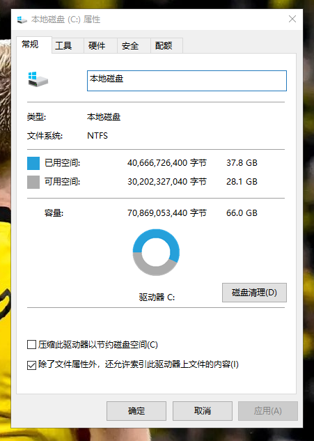 C 盘属性窗口，显示可用磁盘空间