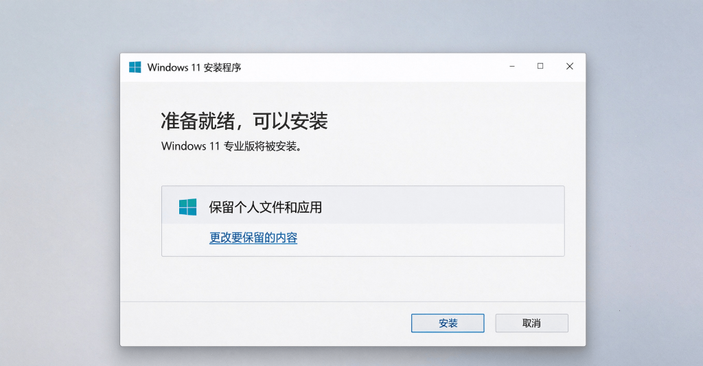 MediaCreationTool 升级界面，选择保留个人文件和应用